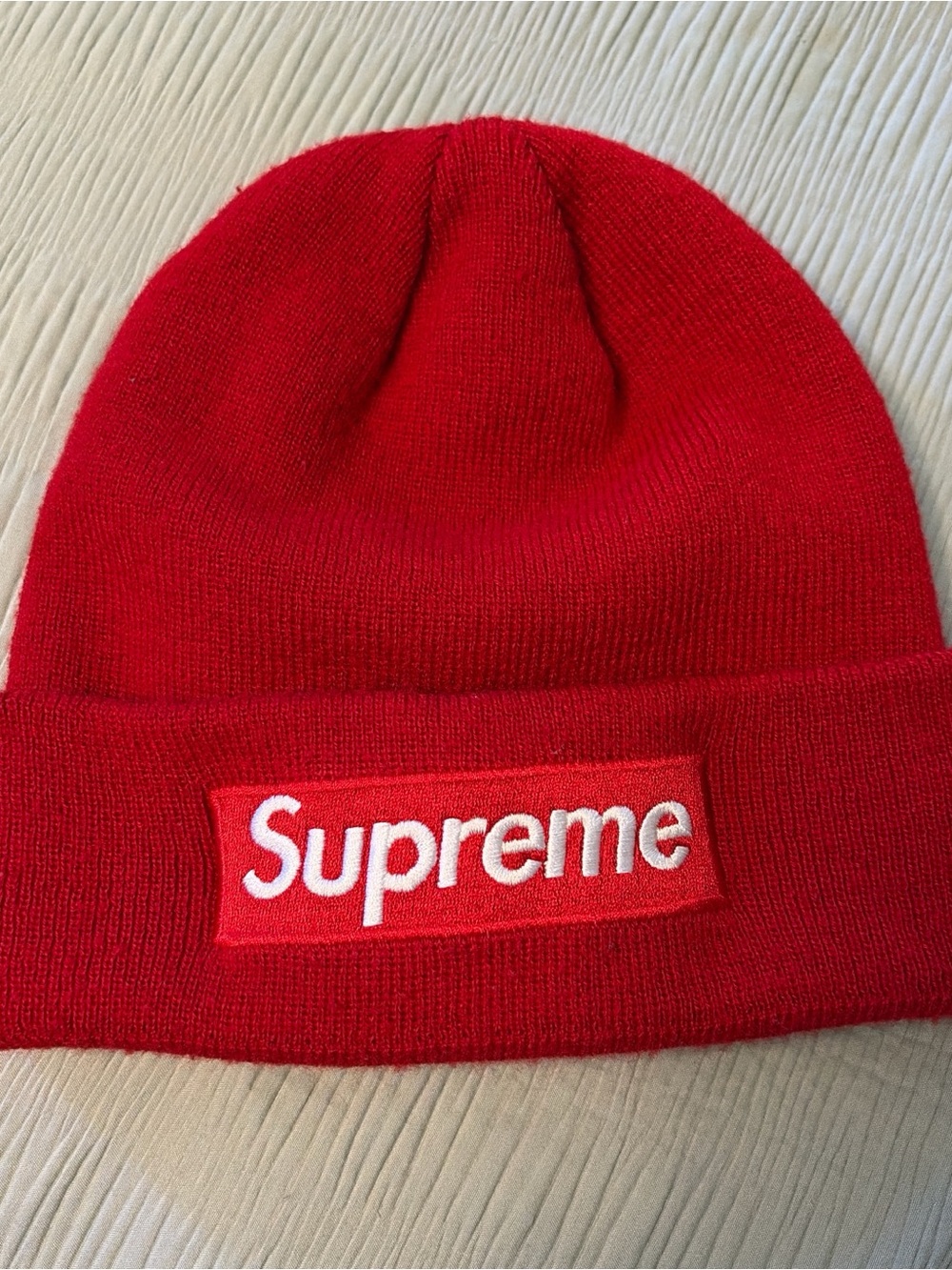 Supreme Red Knit Beanie with White Box Logo